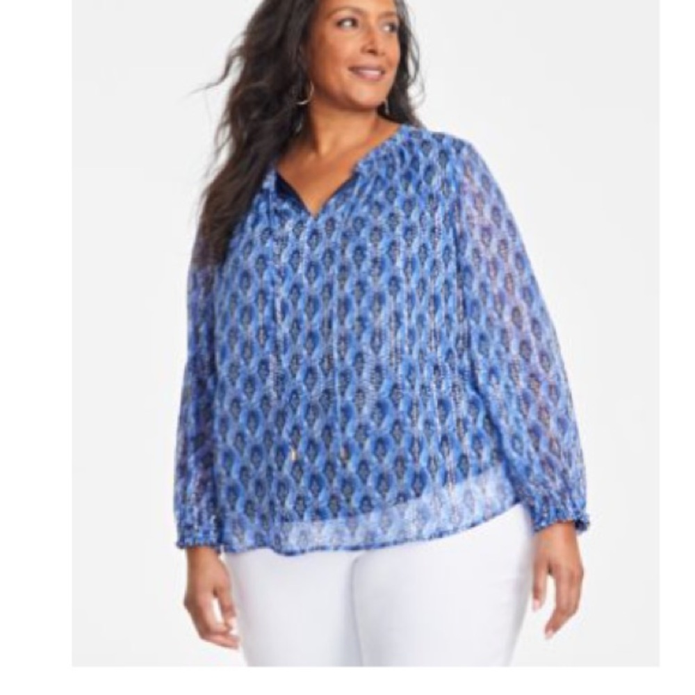 JM Collection Split Neck Relaxed Blouse with Metallic accents